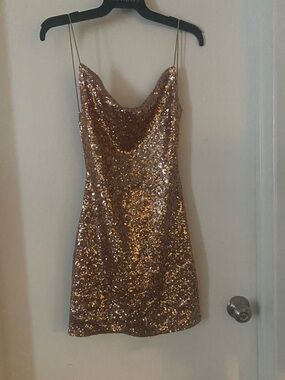 Bear Dance Rose Gold Sequin Cowl Slip Mini Dress